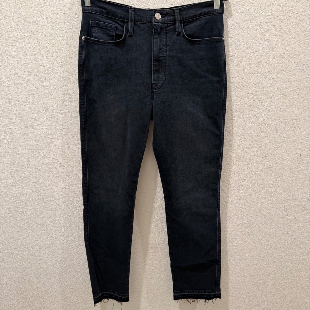 Frame Le Sylvie Slender Straight Jeans Black Raw Hem High Rise Size 31